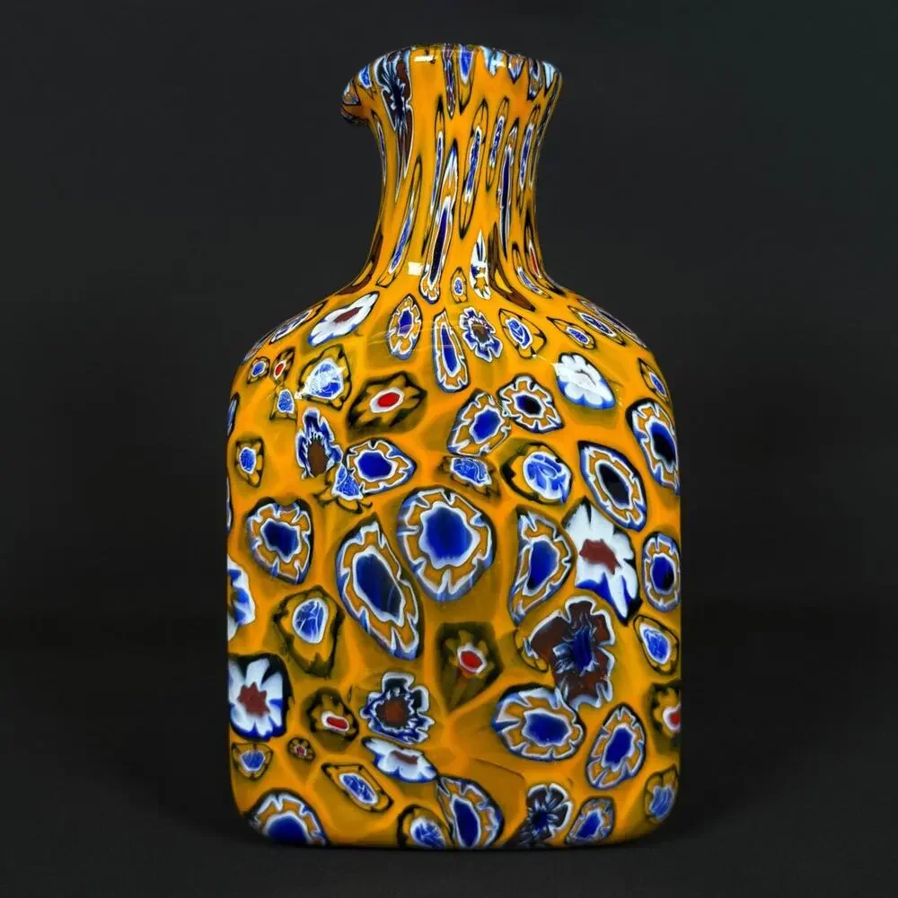 Murano Millefiori Art Glass Vase Yellow Orange Blue Multicolor 8.5